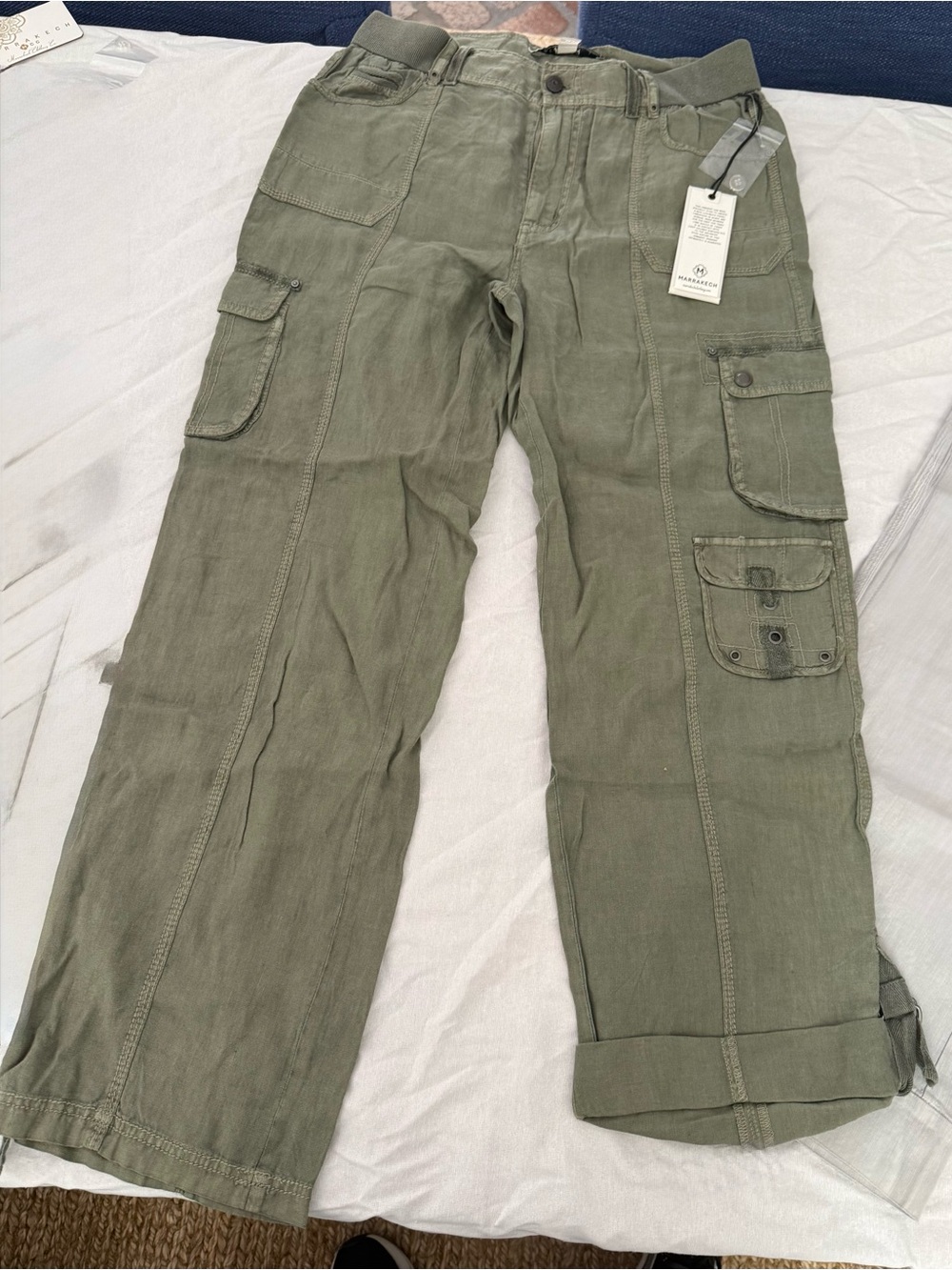 Marrakech Ivelisse Linen Cargo Pants Thyme NWT Size 29 Relaxed Straight Leg - Picture 3 of 10